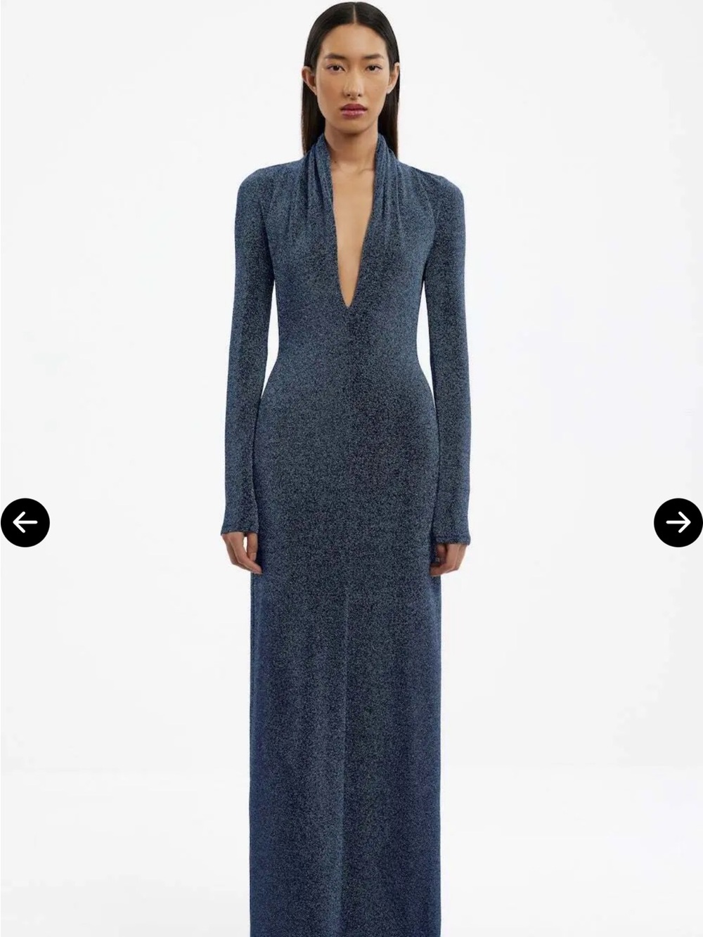 Selena Metallic Plunge Long Sleeve Open Back Jersey Gown